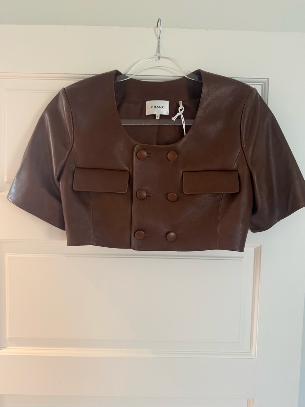 Frame Denim Brown Cropped Double-Breasted Lamb skin Leather Jacket